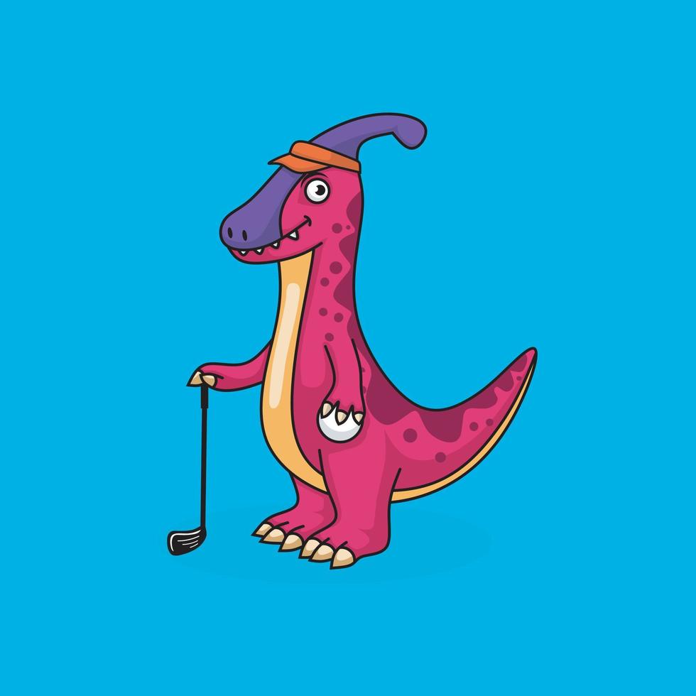 dino de dibujos animados jugando al diseño del logotipo de la mascota del golf vector