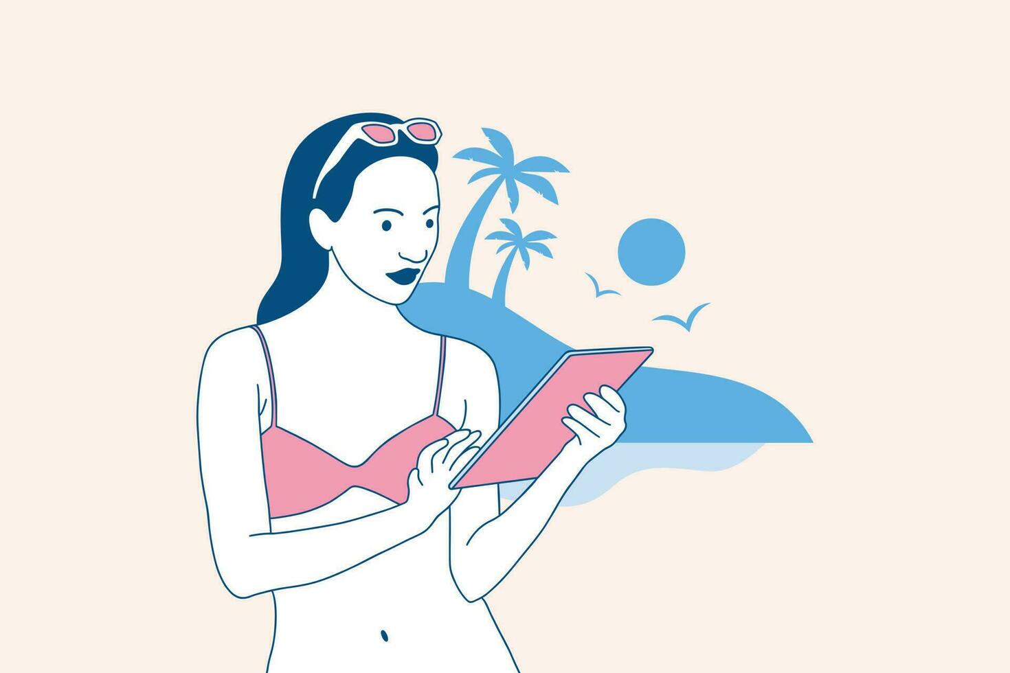 Illustrations of Beautiful digital nomad woman enjoy working with laptop on the beach design concept vector