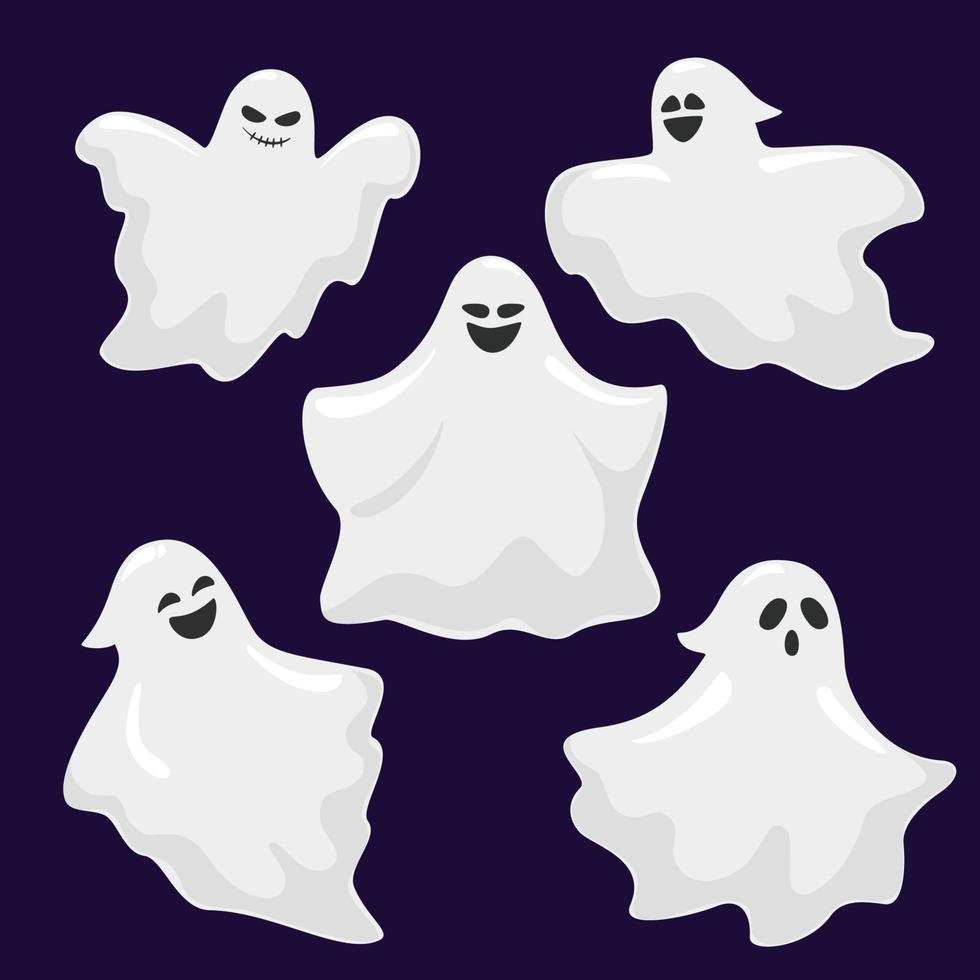 Set of halloween ghosts isolated on dark background. Creepy funny cutecharacter character . Party celebrate Halloween night holiday. Vector Illustration.