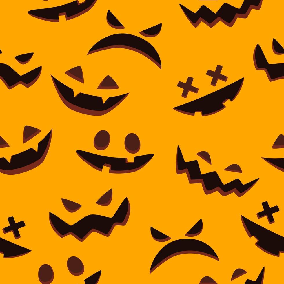 Halloween pumpkins carved faces silhouettes seamless pattern on an orange background. Scary and funny faces of Halloween pumpkin or ghost. Vector illustration