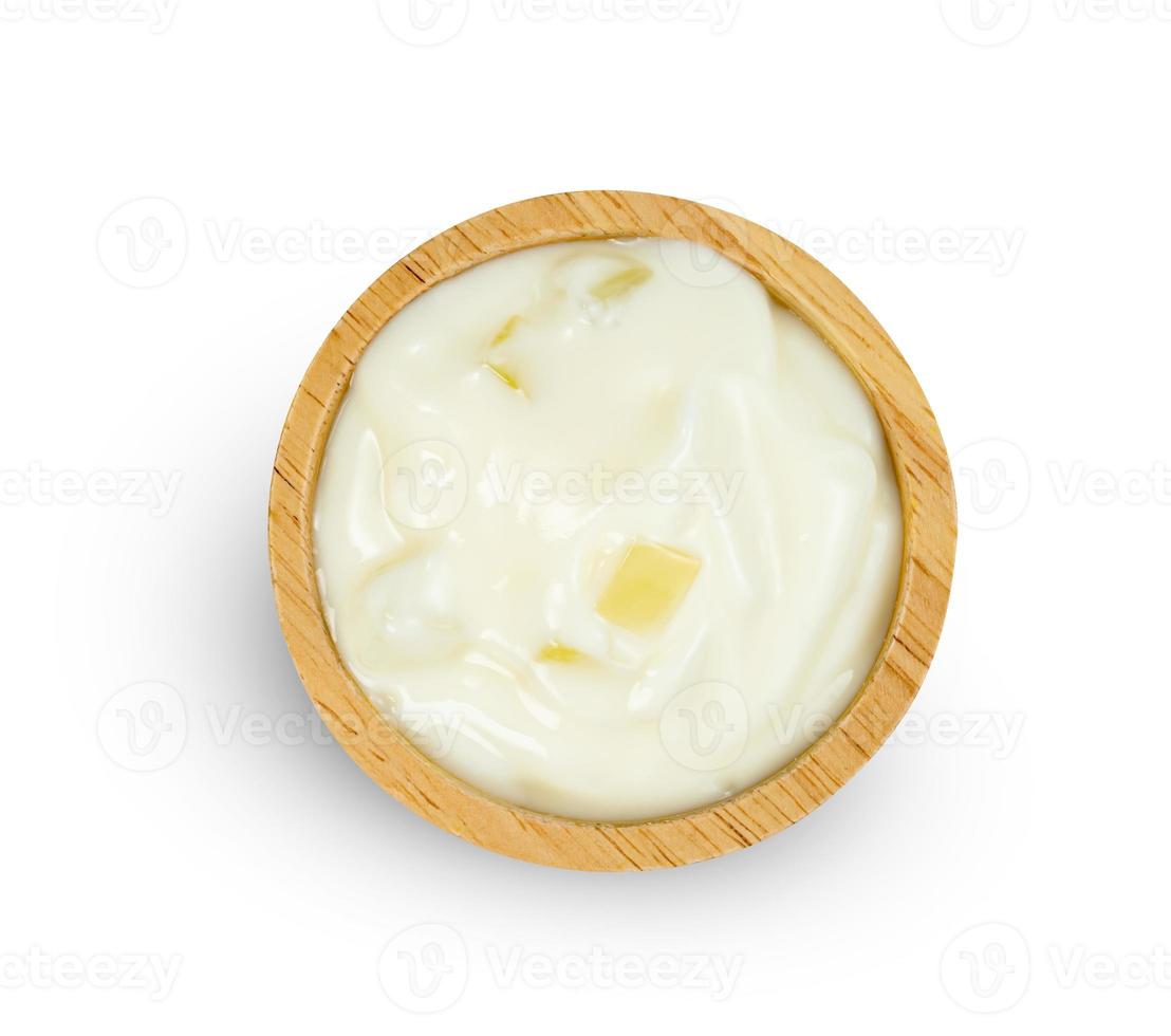 yoghurt with nata de coco dutche in wooden bowl isolated on white background ,include clipping path photo