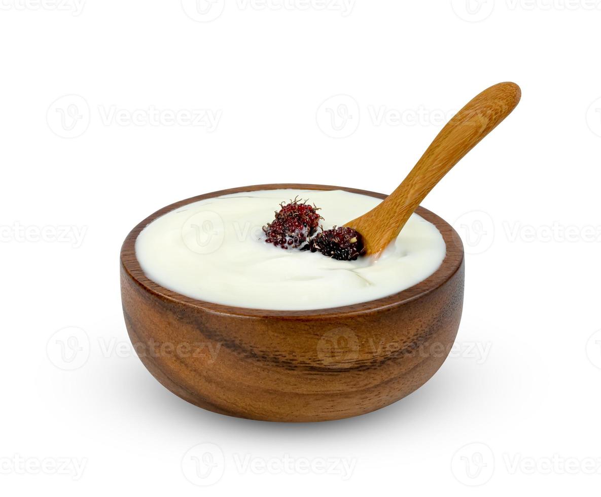 yoghurt with mulberries fruit in wooden bowl isolated on white background ,include clipping path photo