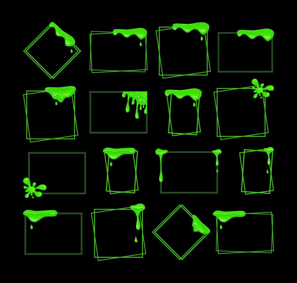 Flowing green slime set of frames. Viscous dripping liquid. Vector cartoon illustration.