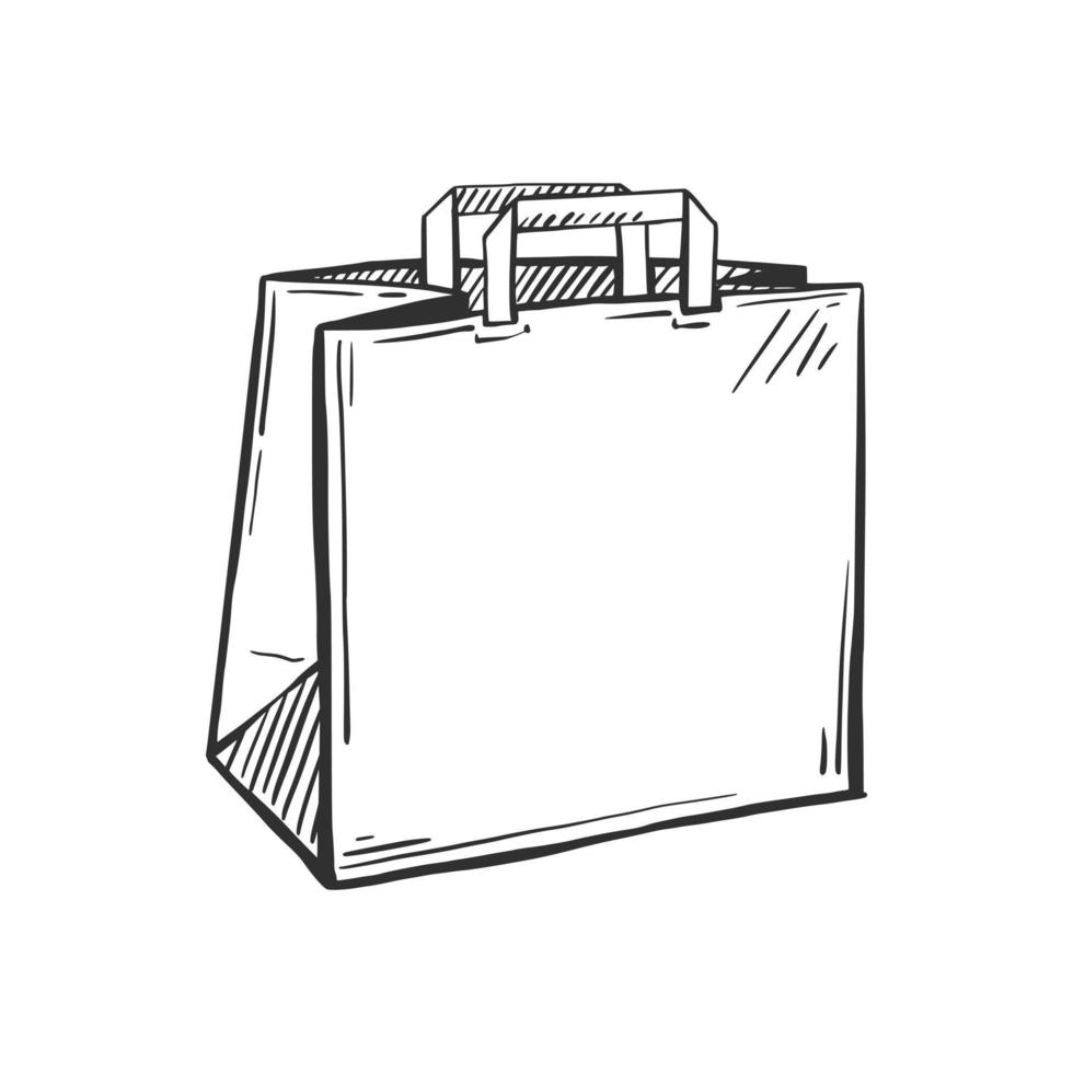 boceto de bolsa de entrega sobre un fondo blanco aislado. bolsa de papel con asas. compras de moda. ilustración vectorial dibujada a mano. vector