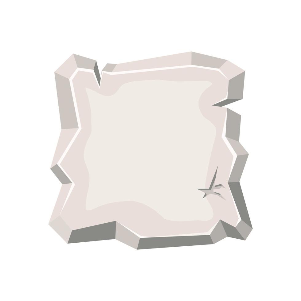 Square stone tablet, rock banner with cracked elements. Gray frame, block boulder for interface ui games. Vector cartoon illustration isolated on white background