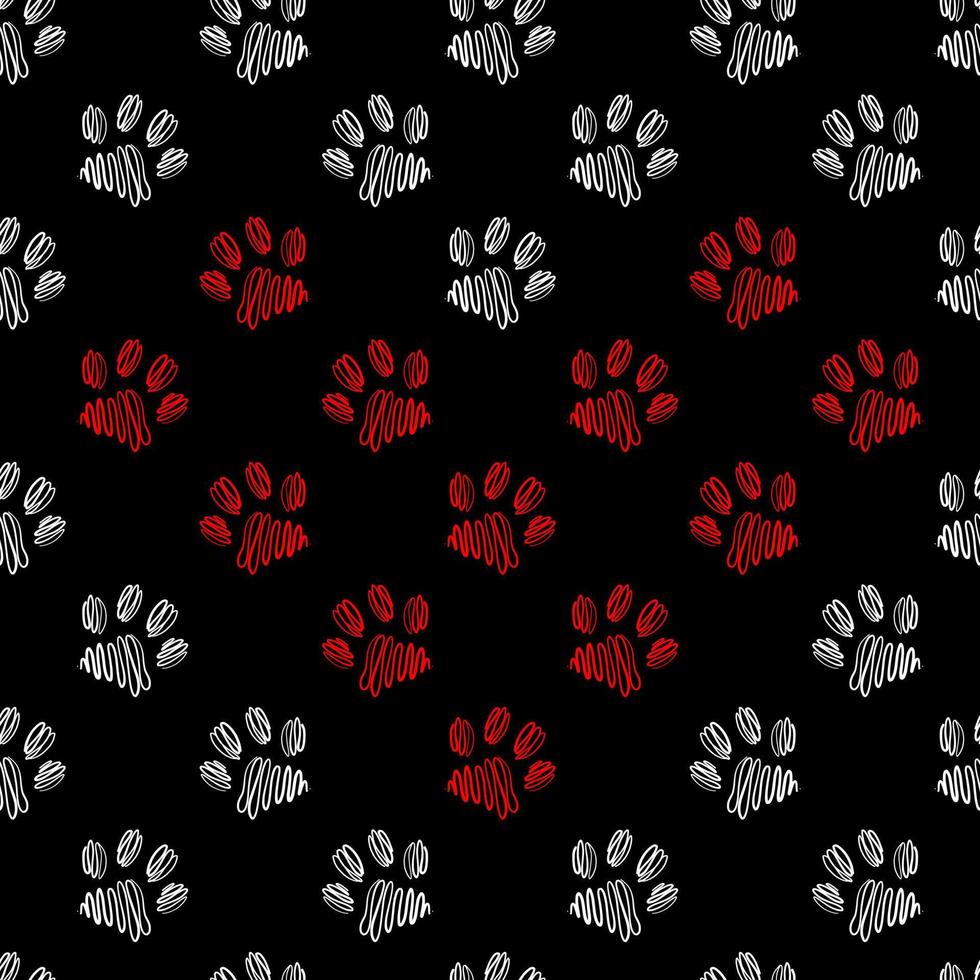 Animal paw print seamless black and white pattern. Red heart made of animal paw prints. Vector hand-drawn background.
