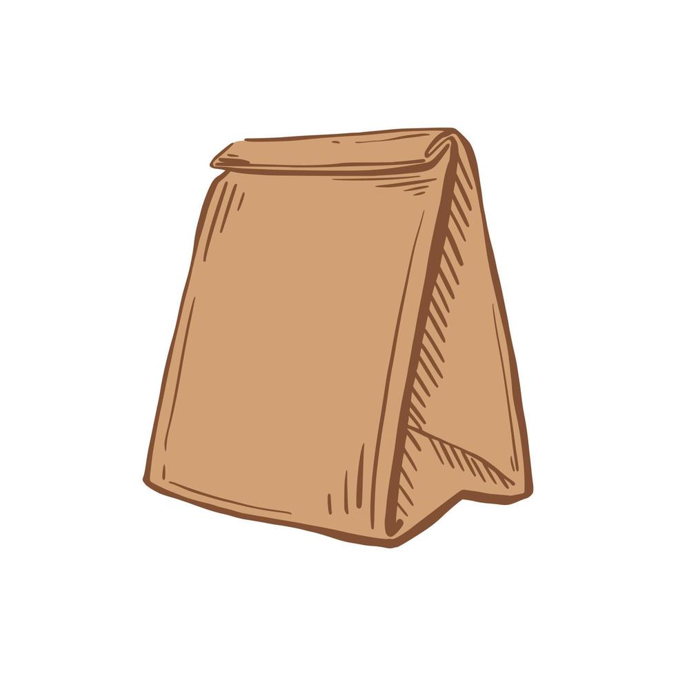 boceto de bolsa de entrega sobre un fondo blanco aislado. bolsa de papel marrón con asas. entrega de comida. ilustración vectorial dibujada a mano. vector