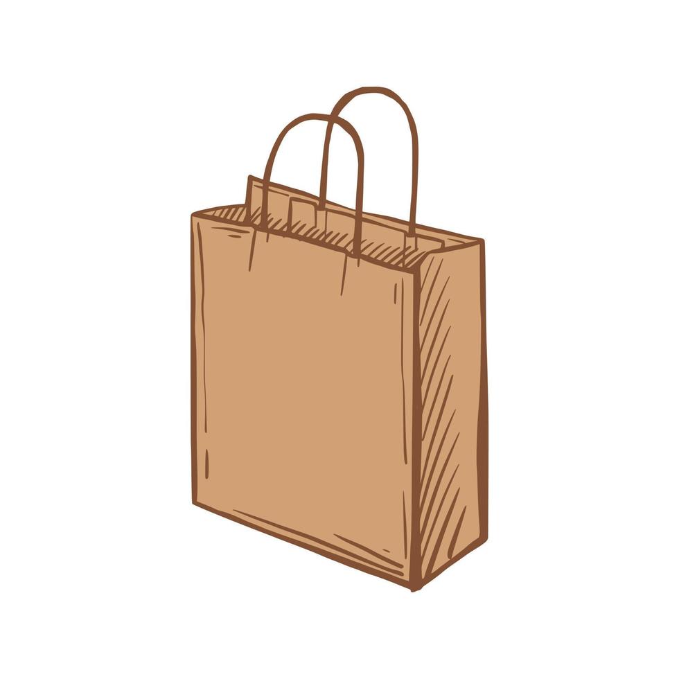 boceto de bolsa de entrega sobre un fondo blanco aislado. bolsa de papel marrón con asas. entrega de comida. ilustración vectorial dibujada a mano. vector