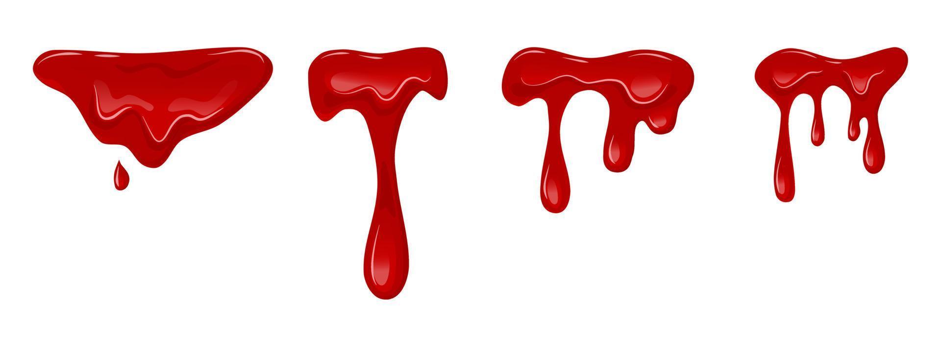 Flowing blood set on a white isolated background. Dripping liquid. Red slime. Vector cartoon illustration.