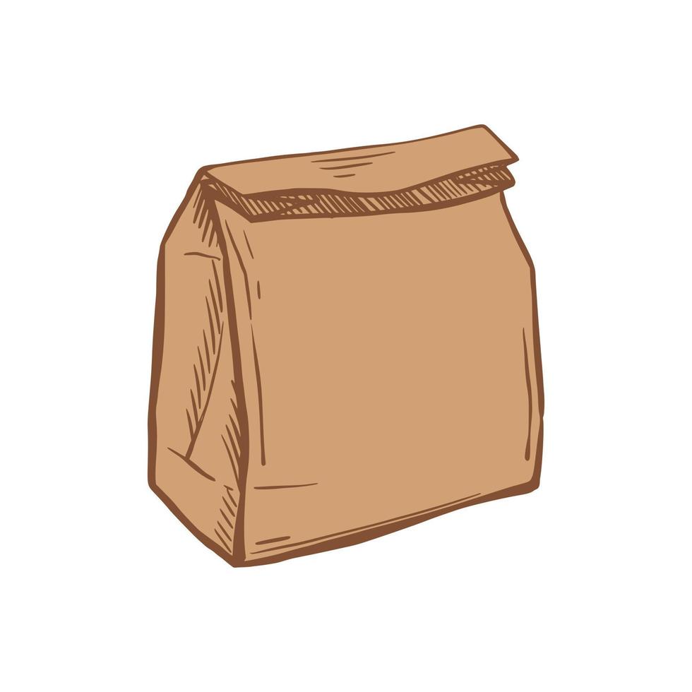 Delivery bag sketch on a white isolated background. Brown Paper bag with handles. Food delivery. Vector hand-drawn illustration.