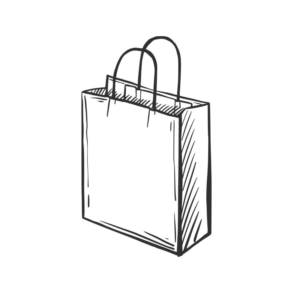 boceto de bolsa de entrega sobre un fondo blanco aislado. bolsa de papel con asas. compras de moda. ilustración vectorial dibujada a mano. vector