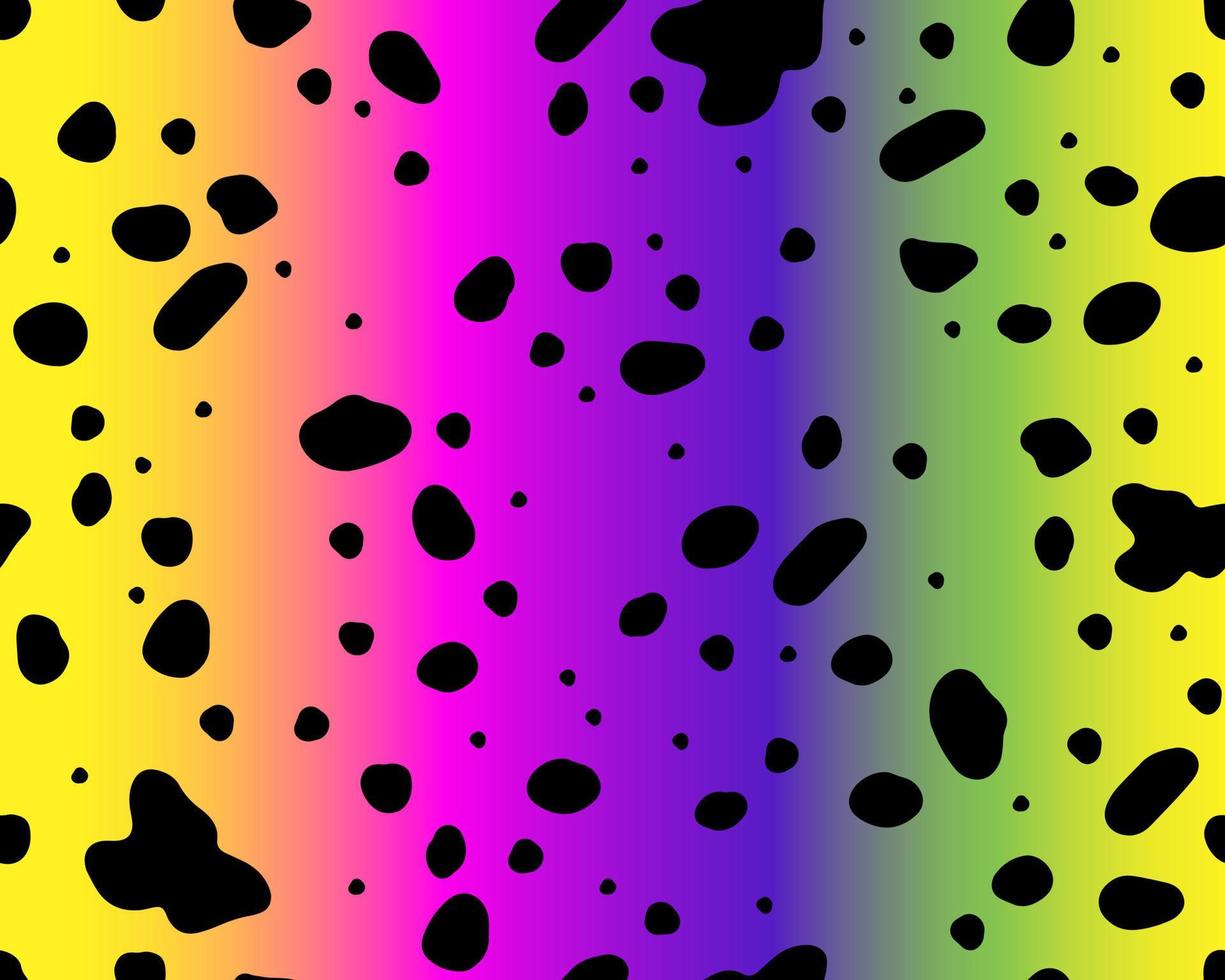 Bright rainbow dalmatian pattern seamless pattern. Black uneven spots animal print. Vector background.