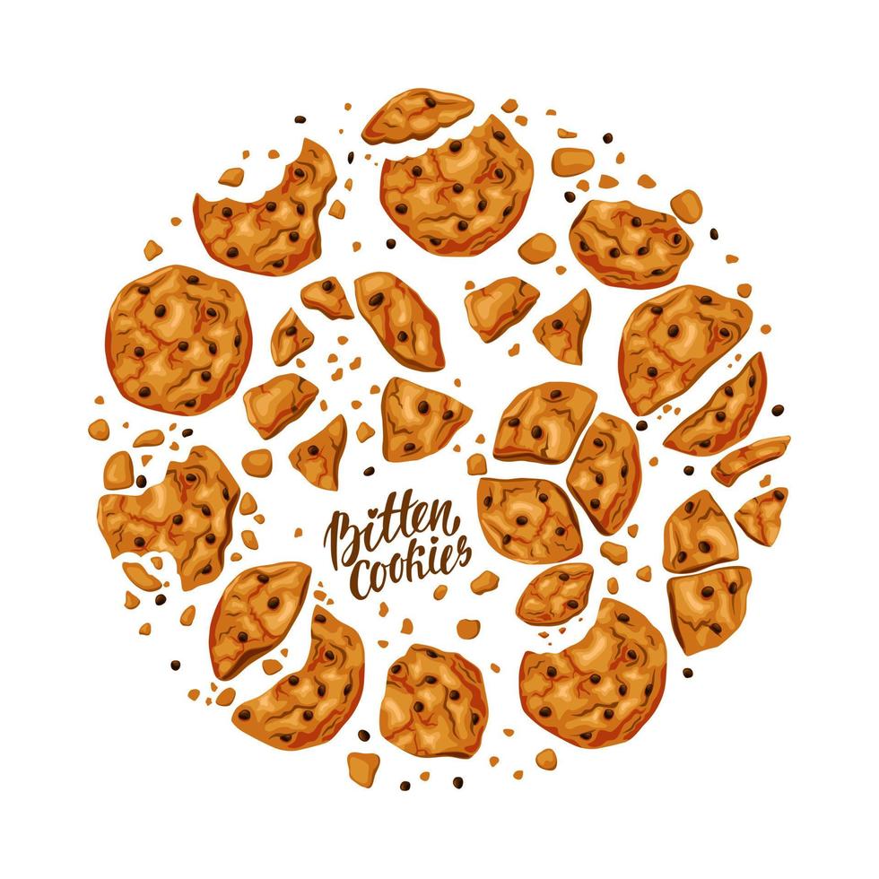 Bitten cookies with chocolate chips set. Broken sweets. Fresh pastries. Vector cartoon illustration