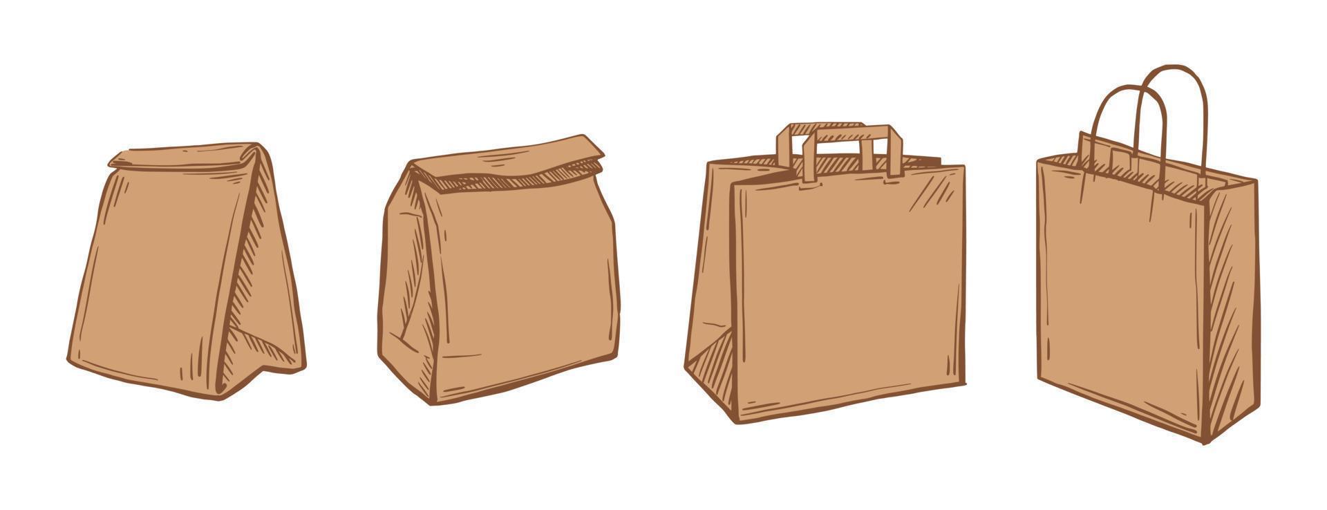 Delivery brown bag sketch set on a white isolated background. Paper Bag for Grocery Shopping. Lunch package. Vector hand-drawn illustration.