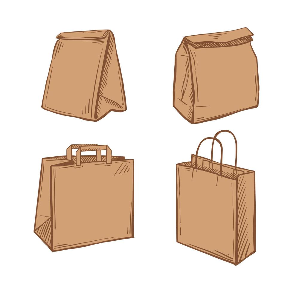 Various Delivery brown bag sketch set on a white isolated background. Paper Bag for Grocery Shopping. Lunch package. Vector hand-drawn illustration.