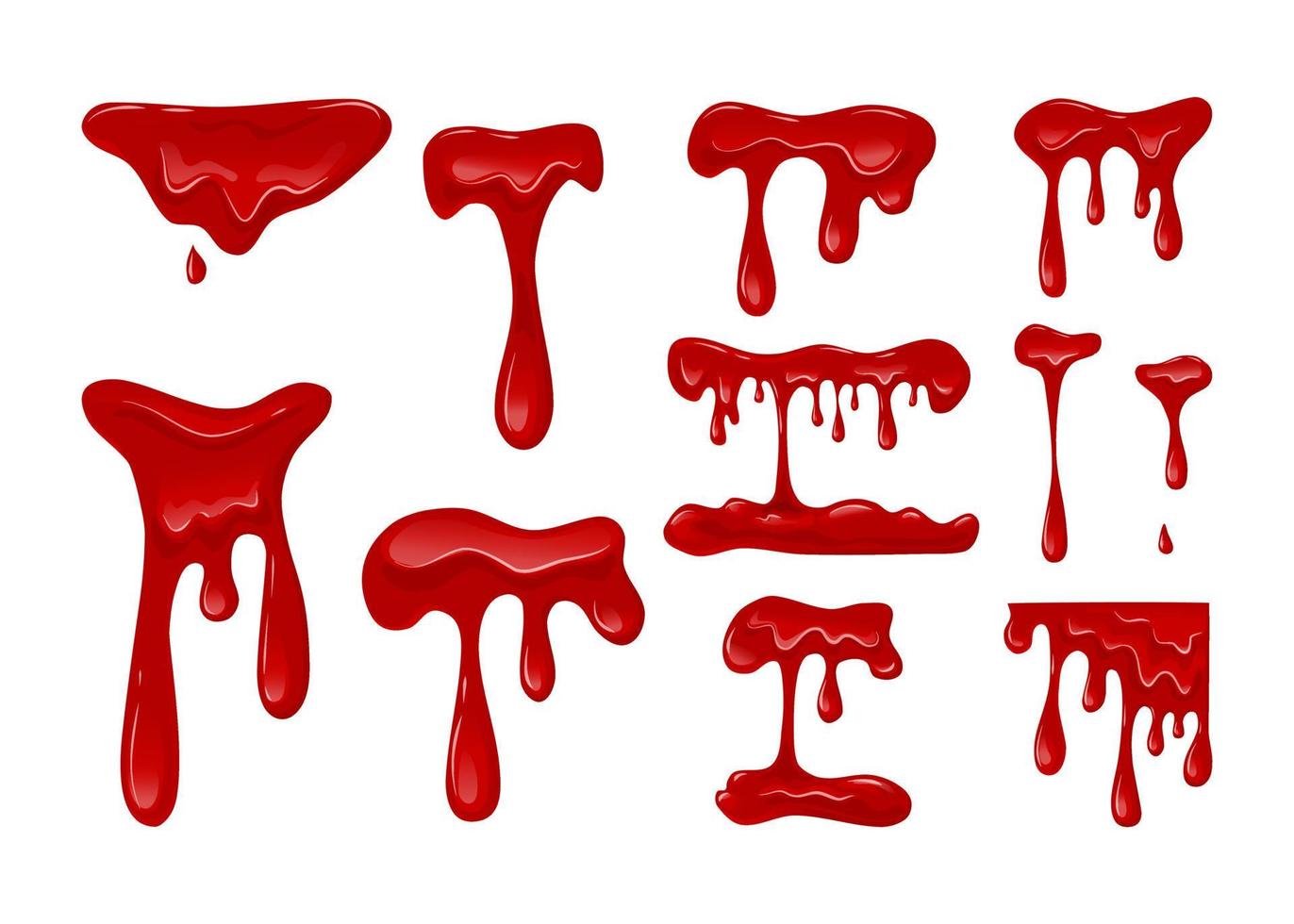 Flowing blood set on a white isolated background. Dripping liquid. Red slime. Vector cartoon illustration.