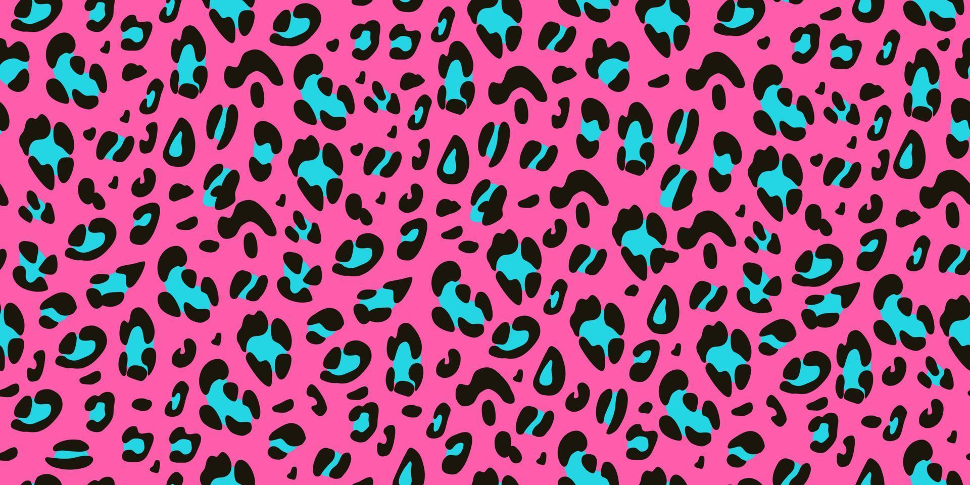 Leopard pink, black and blue seamless pattern. Animalistic hand-drawn background. Vector illustration.