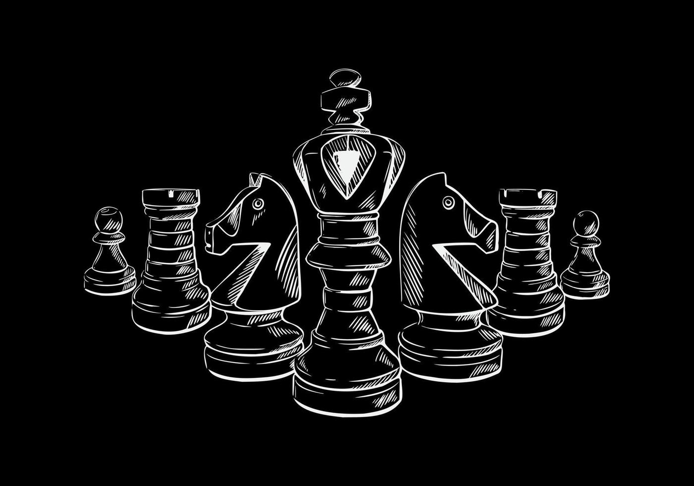 Chess pieces in sketch style on a black isolated background. . Hand-drawn vector illustration