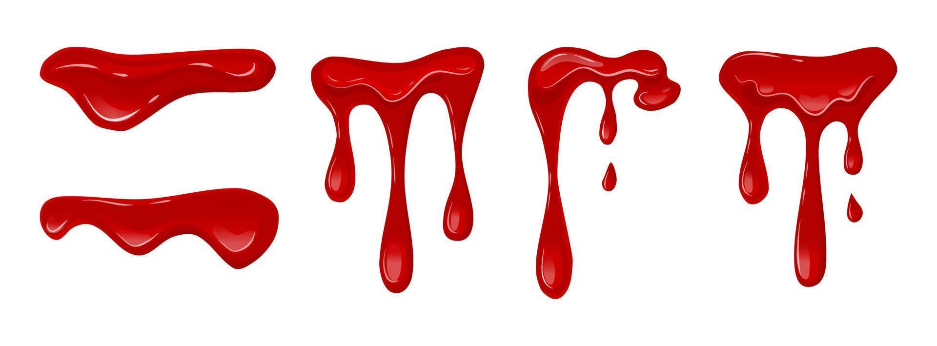 Flowing blood set on a white isolated background. Dripping liquid. Red slime. Vector cartoon illustration.