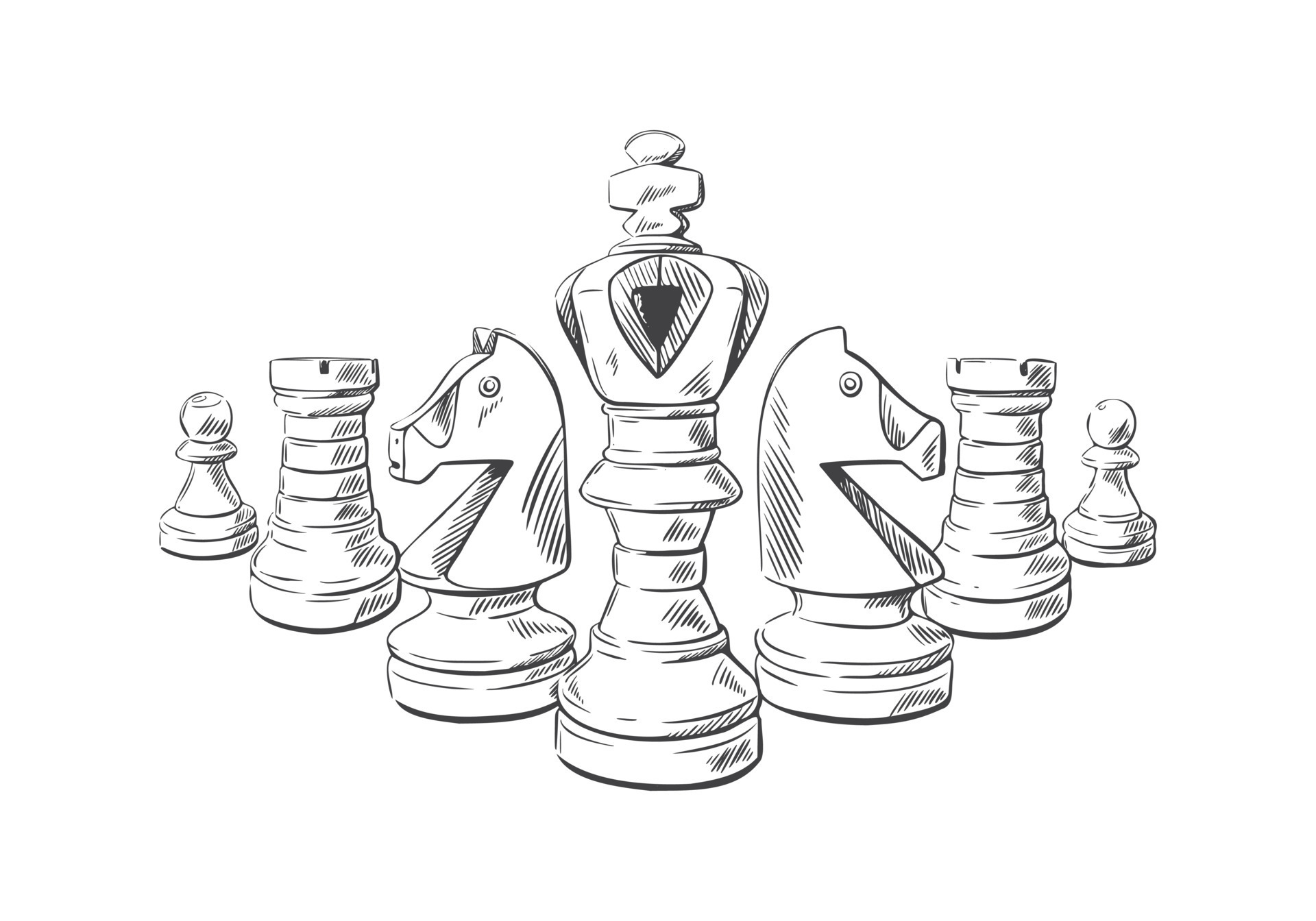 Hand-drawn sketch set of Chess pieces on a white background. Chess