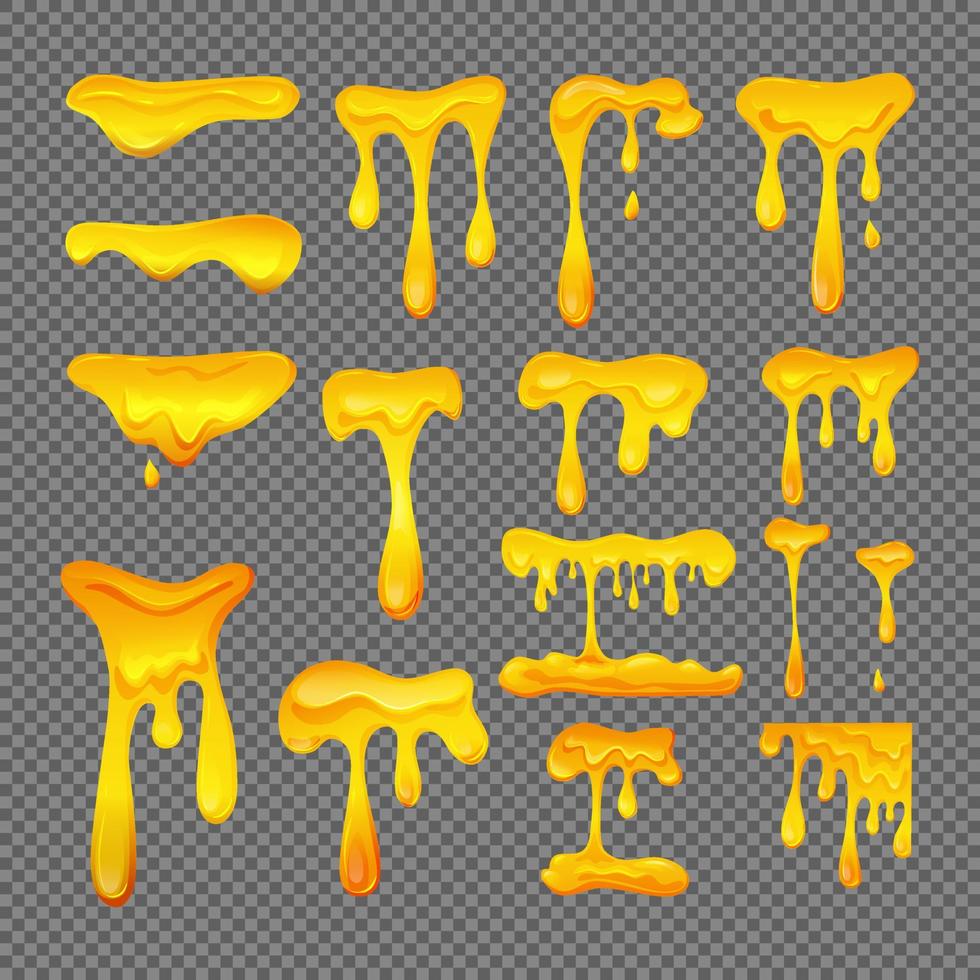 Flowing yellow viscous liquid on  isolated background set. Lemon jelly or honey drops. Cheese. Vector illustration.