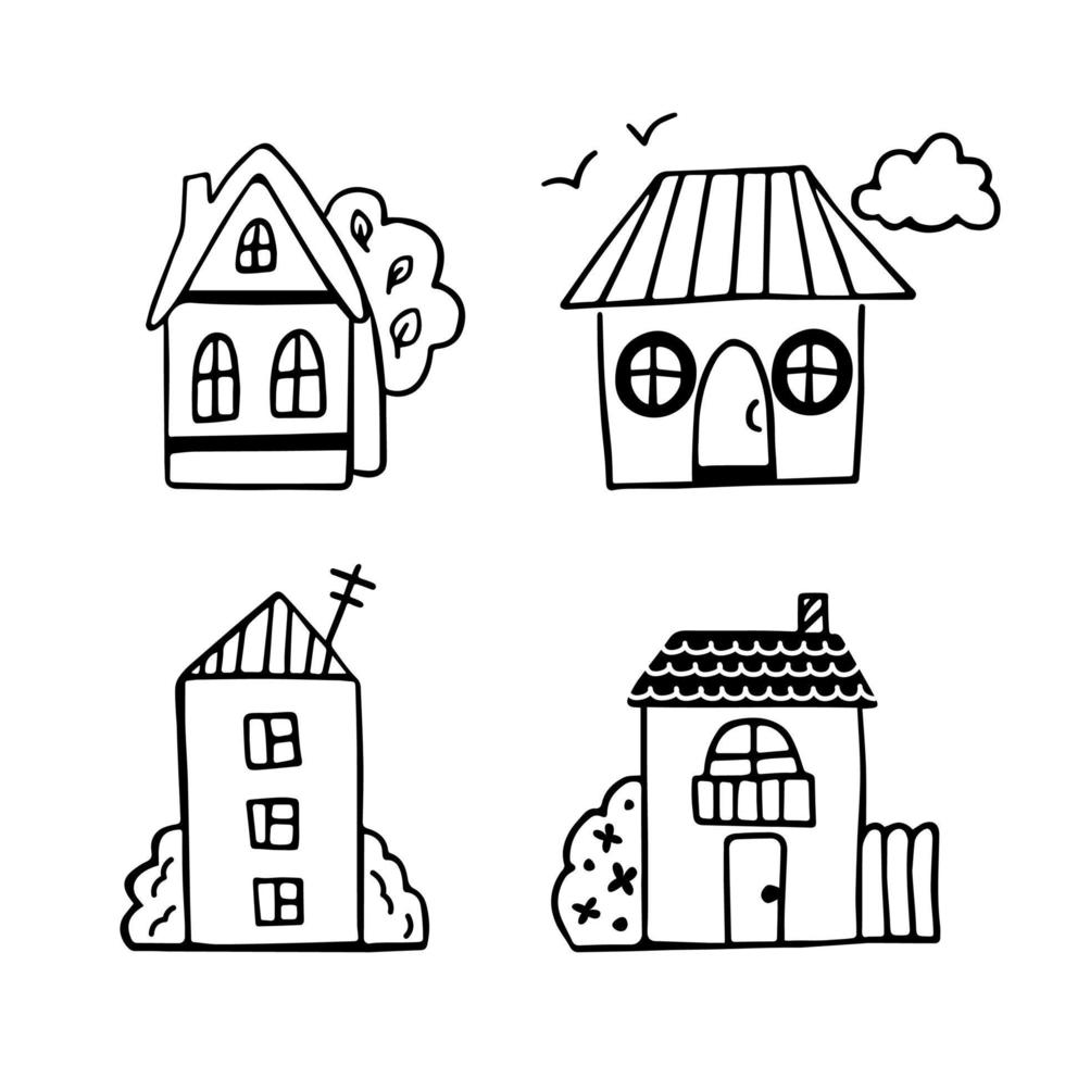 Doodle houses cartoon set. Four types of houses village house, beach house, multi-storey house, cottage. Cute vector linear hand drawn illustration.