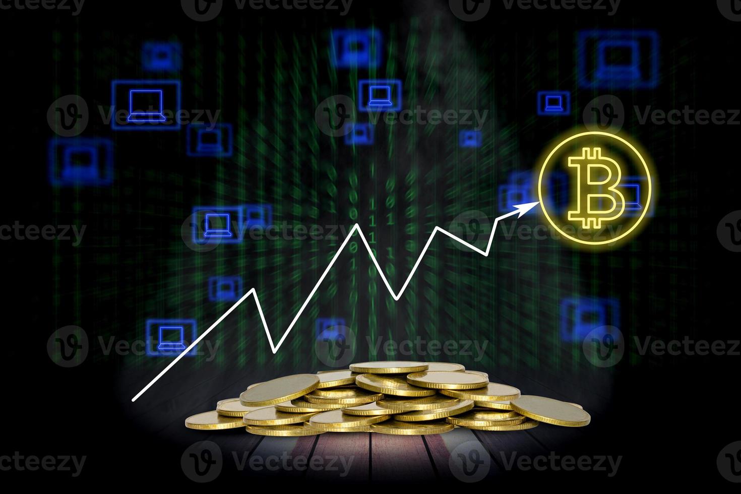 bitcoin symbol and coins stack with lighting and smoke on wooden stage and chart of indicators photo