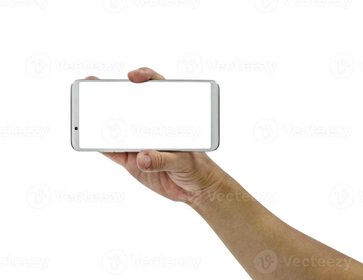 hand holding mobile smart phone  isolated on white background,clipping path photo