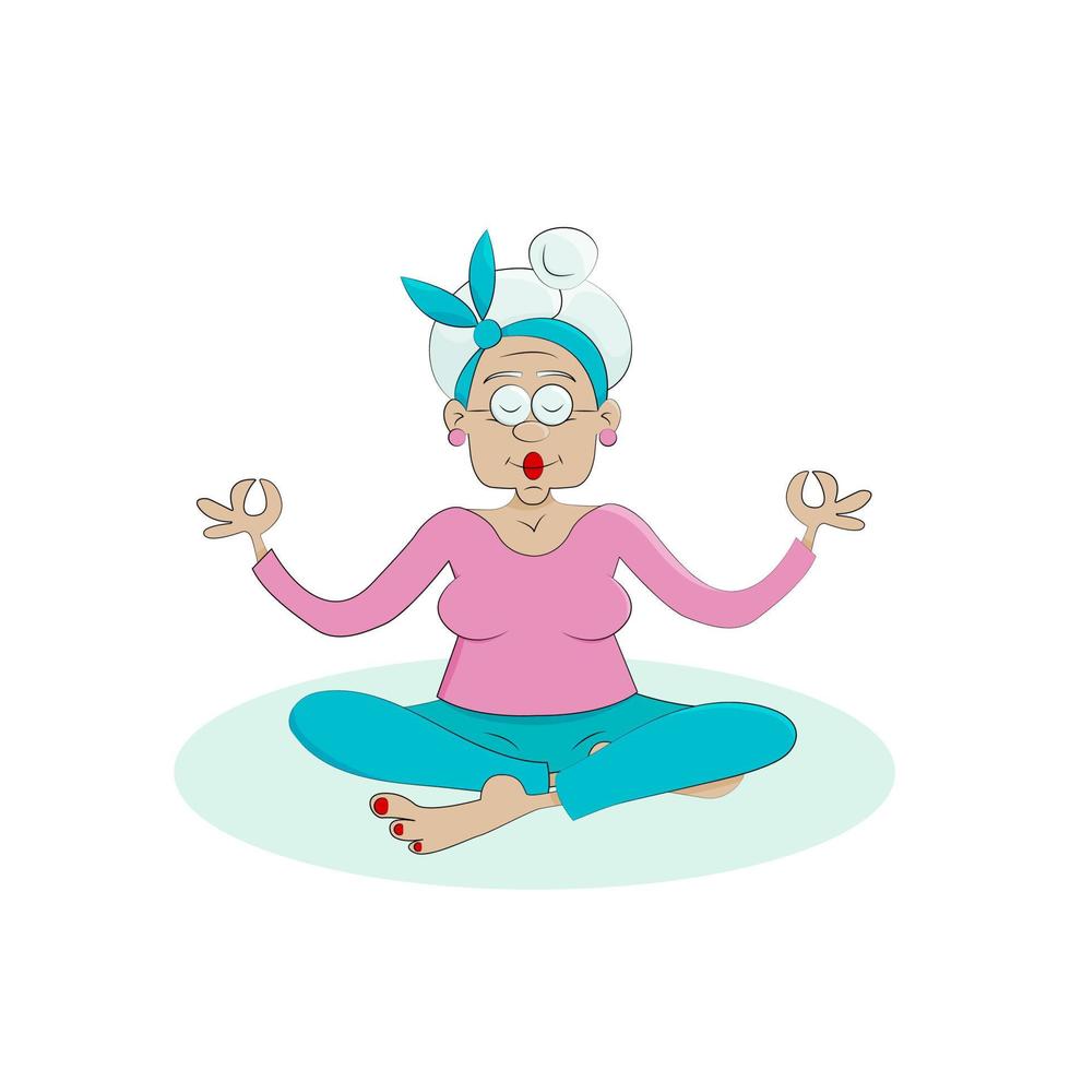 A lovely elderly retired female grandmother does yoga. Lotus pose. Active healthy lifestyle. Cartoon flat insulated illustration cricutura. vector