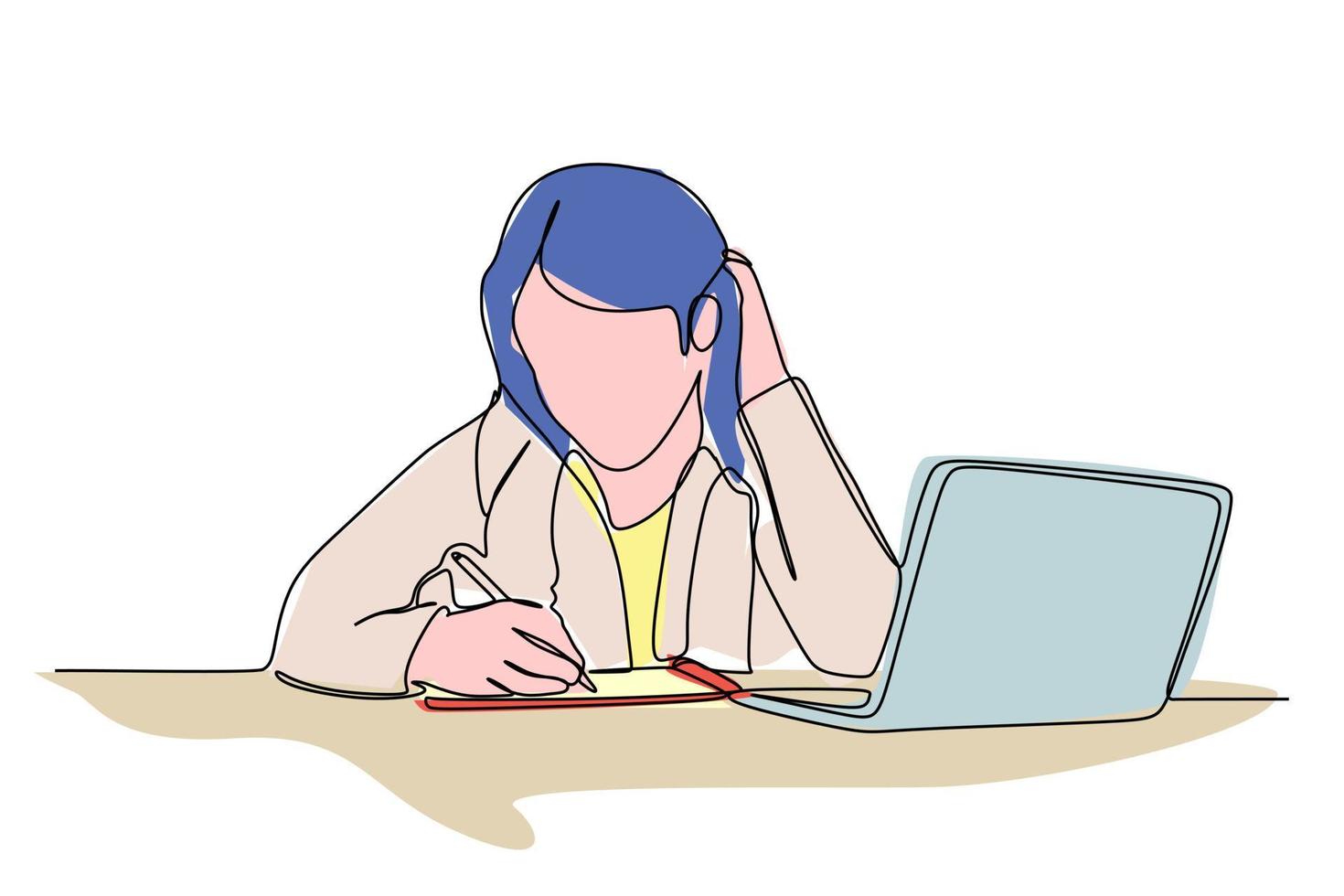 Young girl writing on the paper while studying in front of a not book. Simple colored continuous one line drawing vector illustration