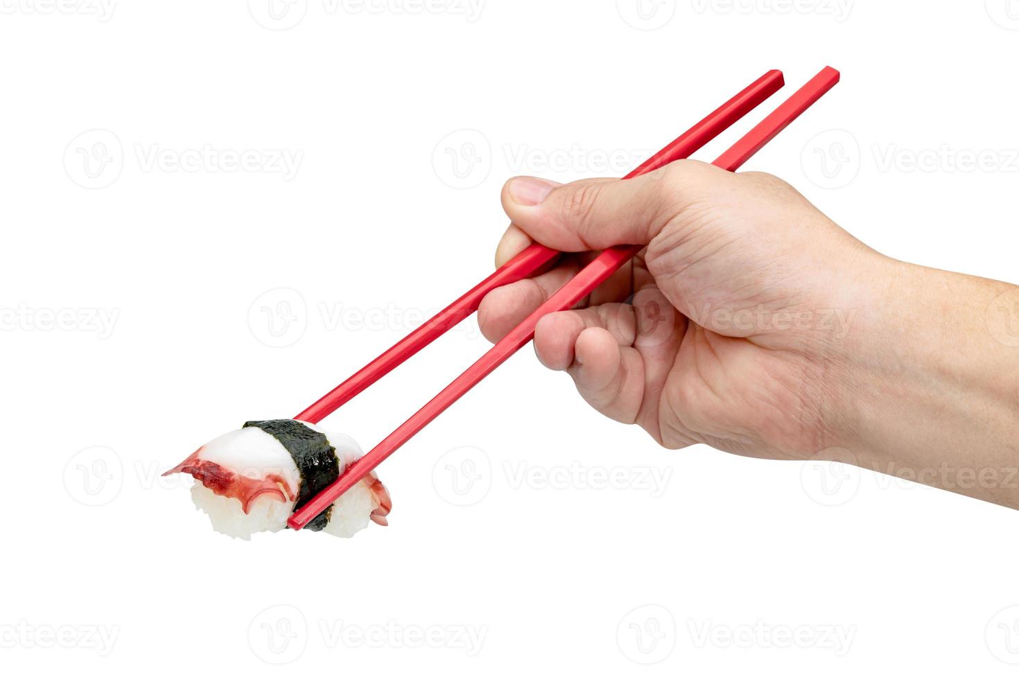 Tako nigiri sushi or octopus sushi with Red chopsticks isolated on white background, Japanese food ,include clipping path photo