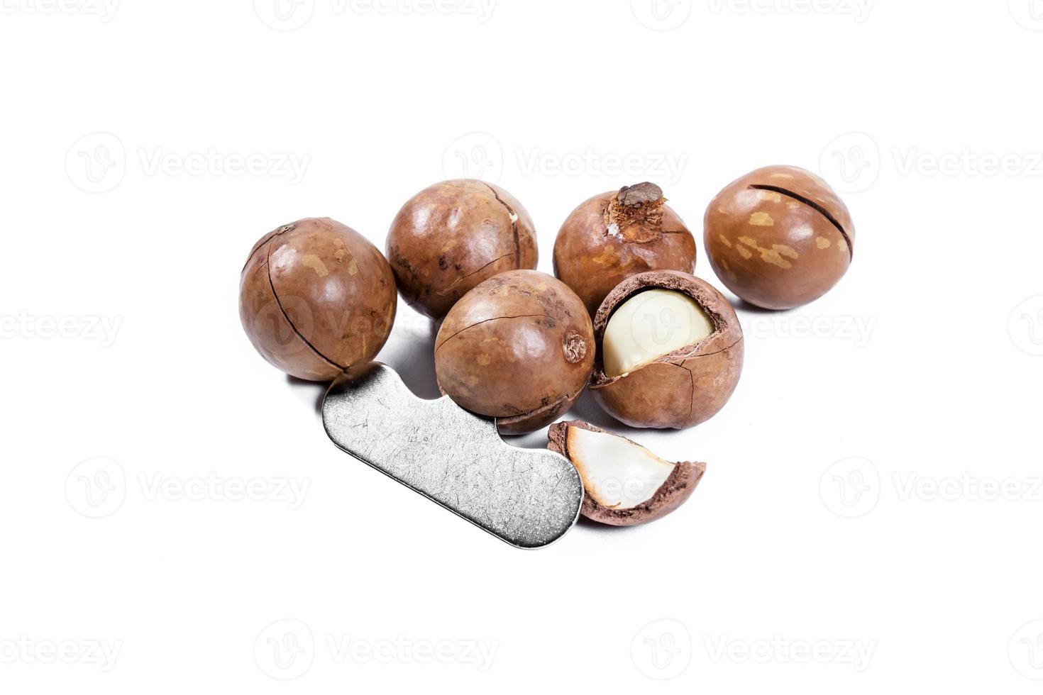 Open Macadamia nut by tool on background photo