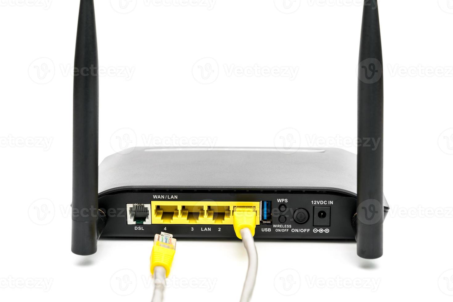 Black wireless router with local area network cable isolated on white background photo