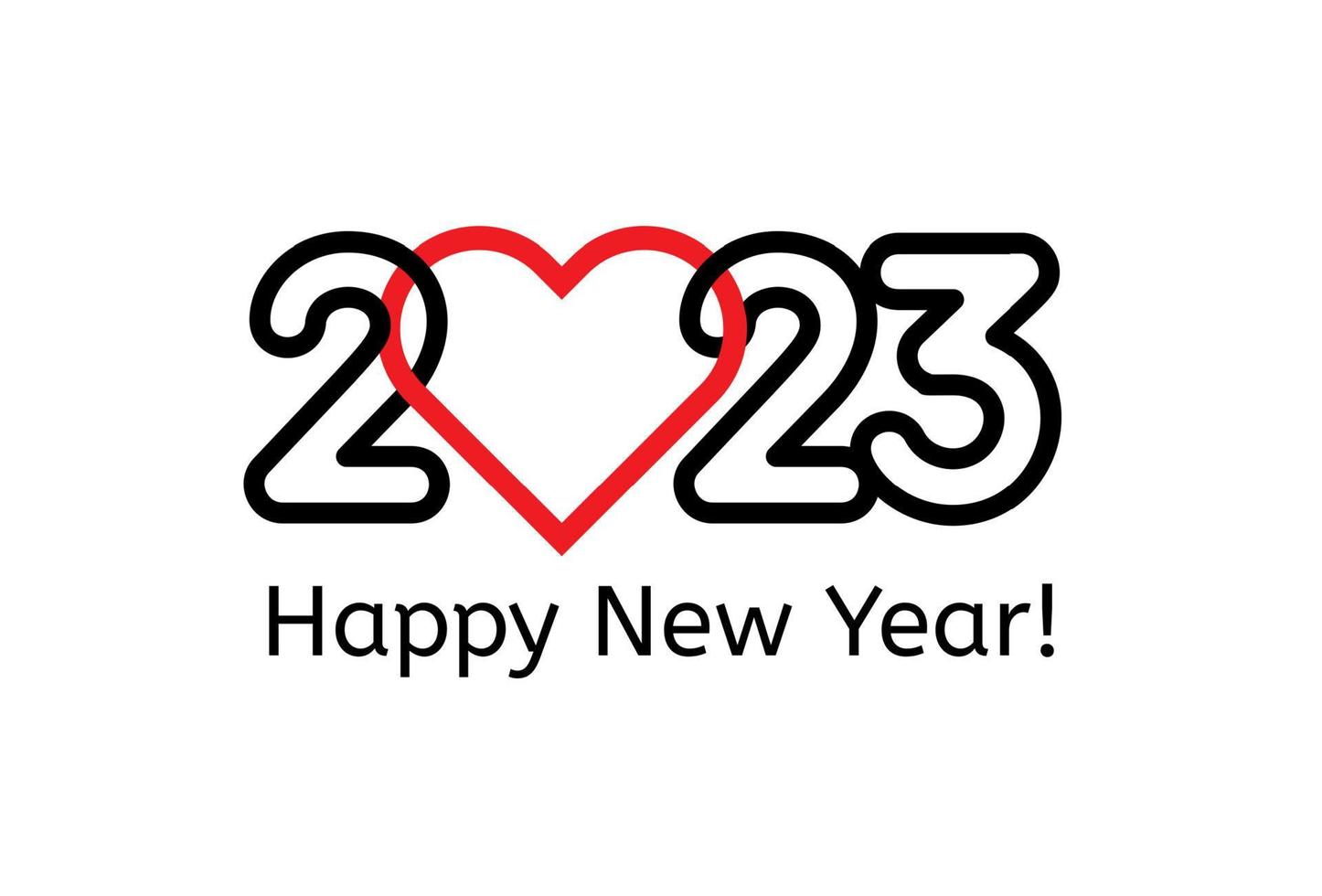 2023 numbers with heart in contour style. Happy New Year event poster, greeting card cover, 2023 calendar design, invitation to celebrate New Year and Christmas. Vector illustration.