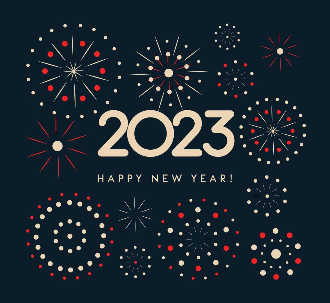 2023 numbers on dark backdrop with fireworks in Chinese style. Happy New Year event poster, greeting card cover, 2023 calendar design, invitation to celebrate New Year. Vector illustration.