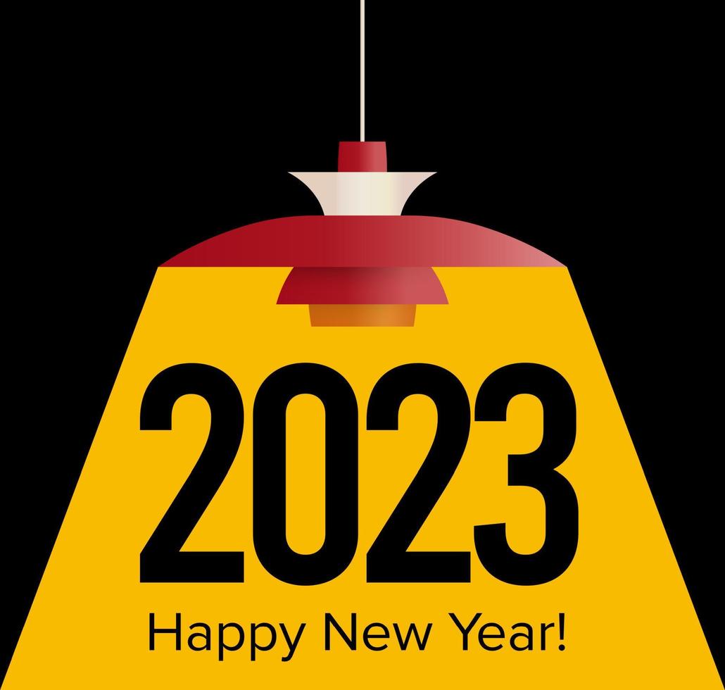 2023 numbers illuminated by yellow light of Swedish lamp. Happy New Year event poster, greeting card cover, 2023 calendar design, invitation to celebrate New Year and Christmas. Vector illustration.