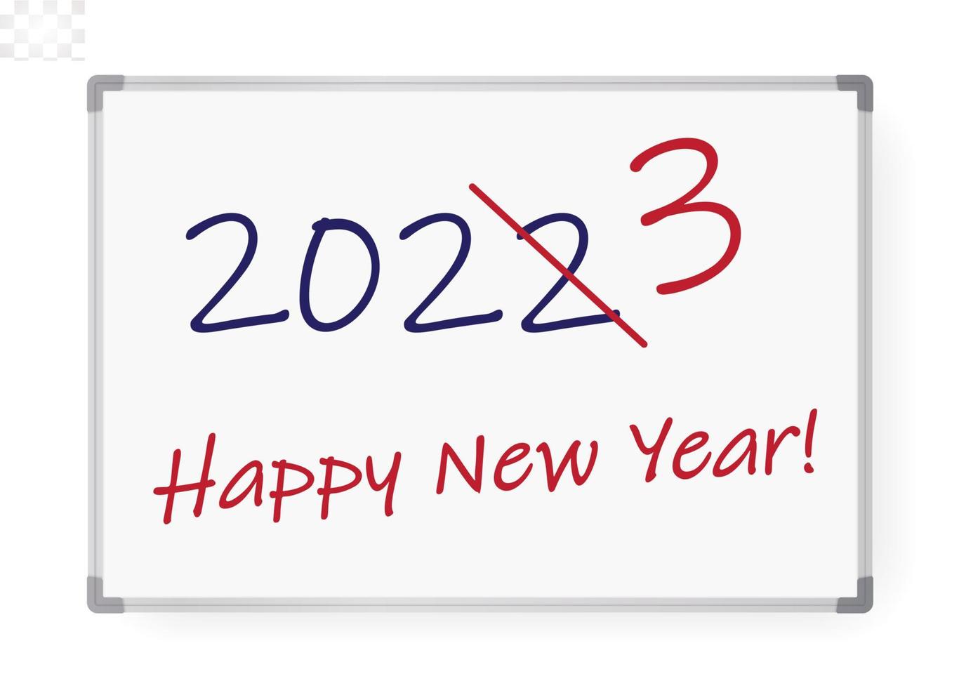 2023 numbers marker on whiteboard. Happy New Year event poster, greeting card cover, 2023 calendar design, invitation to celebrate New Year and Christmas. Vector illustration.