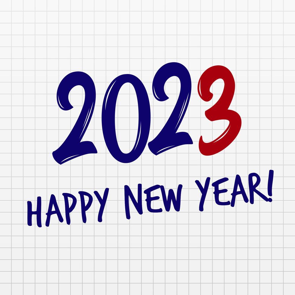 2023 numbers pen written on white checkered paper sheet background. Happy New Year event poster, greeting card cover, 2023 calendar design, invitation to celebrate New Year. Vector illustration.