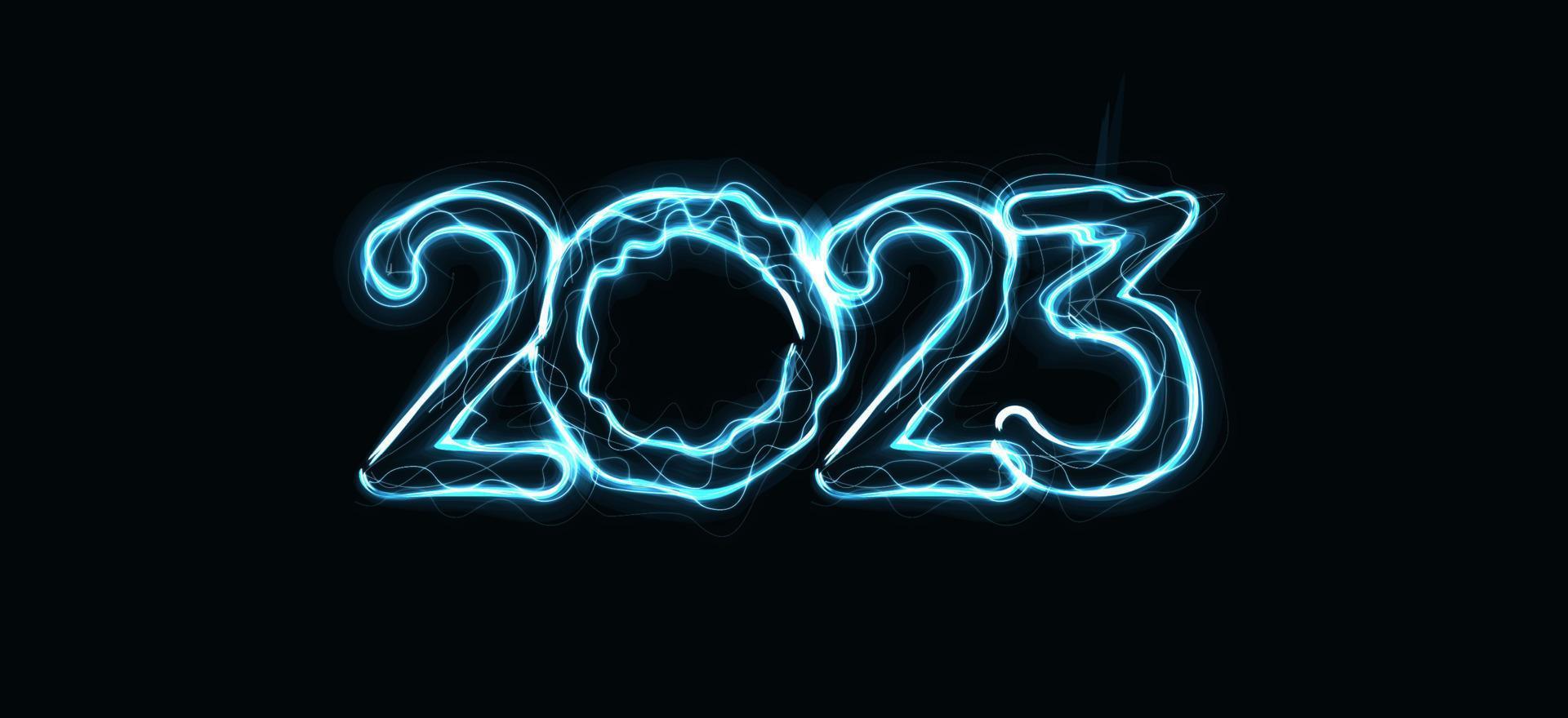 2023 numbers with magic luminous lightning contour. Happy New Year event poster, greeting card cover, 2023 calendar design, invitation to celebrate New Year and Christmas. Vector illustration.