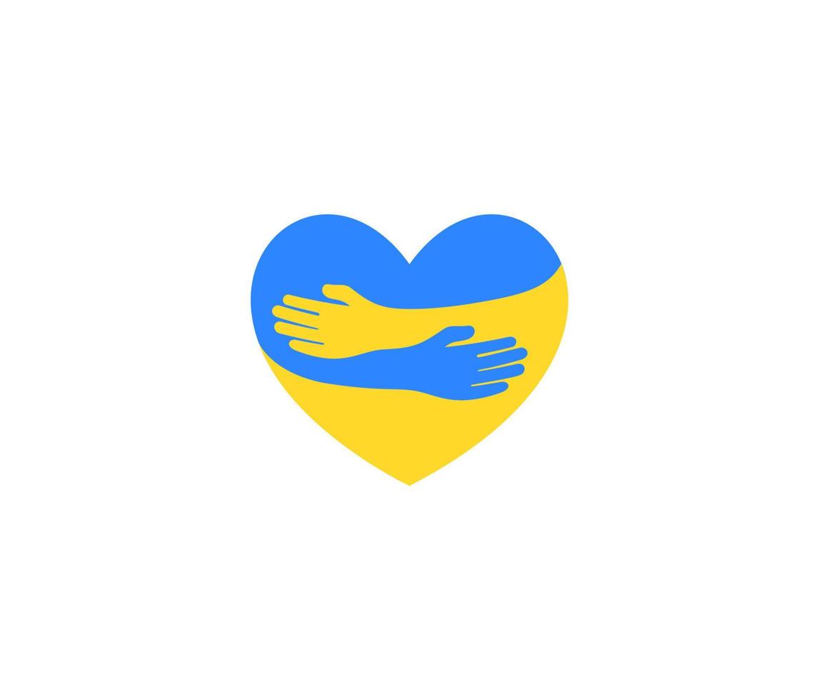 Heart flat shape with hands hugs in blue yellow Ukrainian flag colors logo. UA Care, love and support of Ukraine symbol. Vector illustration.