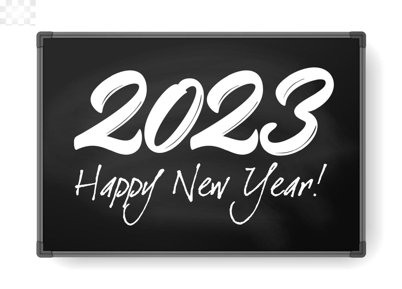2023 numbers chalk written on chalkboard. Happy New Year event poster, greeting card cover, 2023 calendar design, invitation to celebrate New Year and Christmas. Vector illustration.