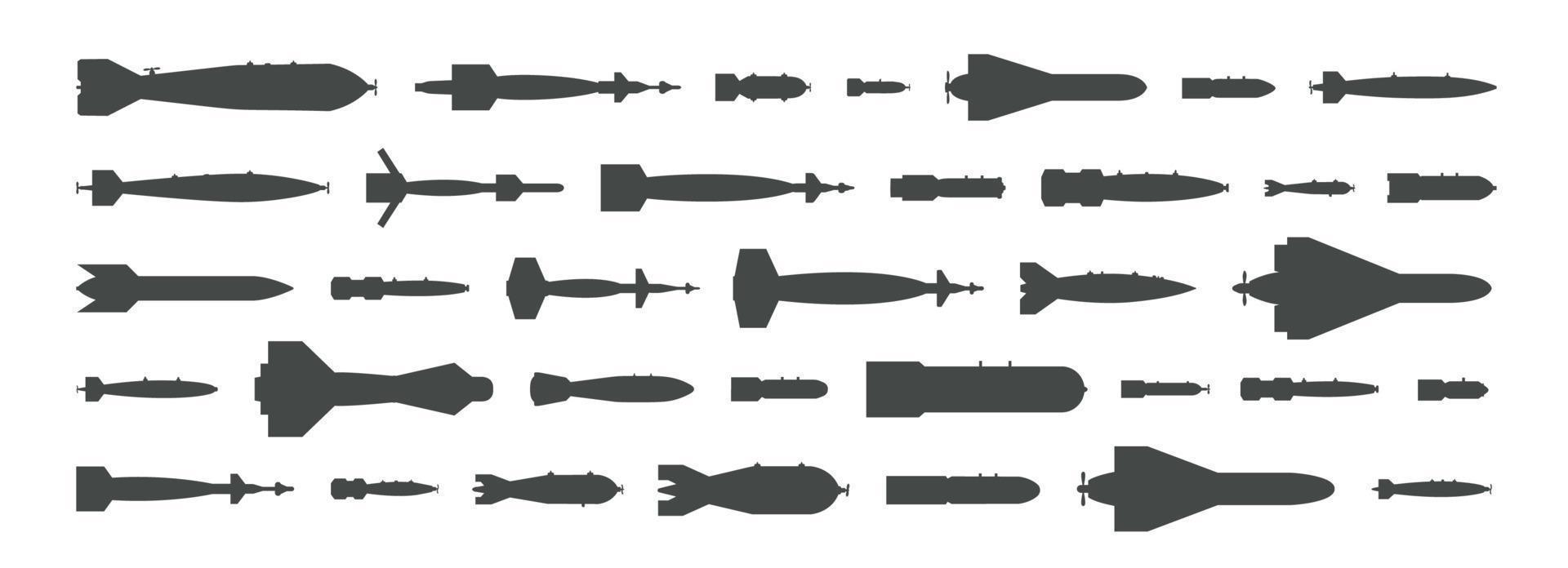 Air bomb top view icon. Black silhouette of aircraft rockets, ballistic missiles, torpedos, atomic warhead icons. Armament elements for military design. Isolated vector logos on white background