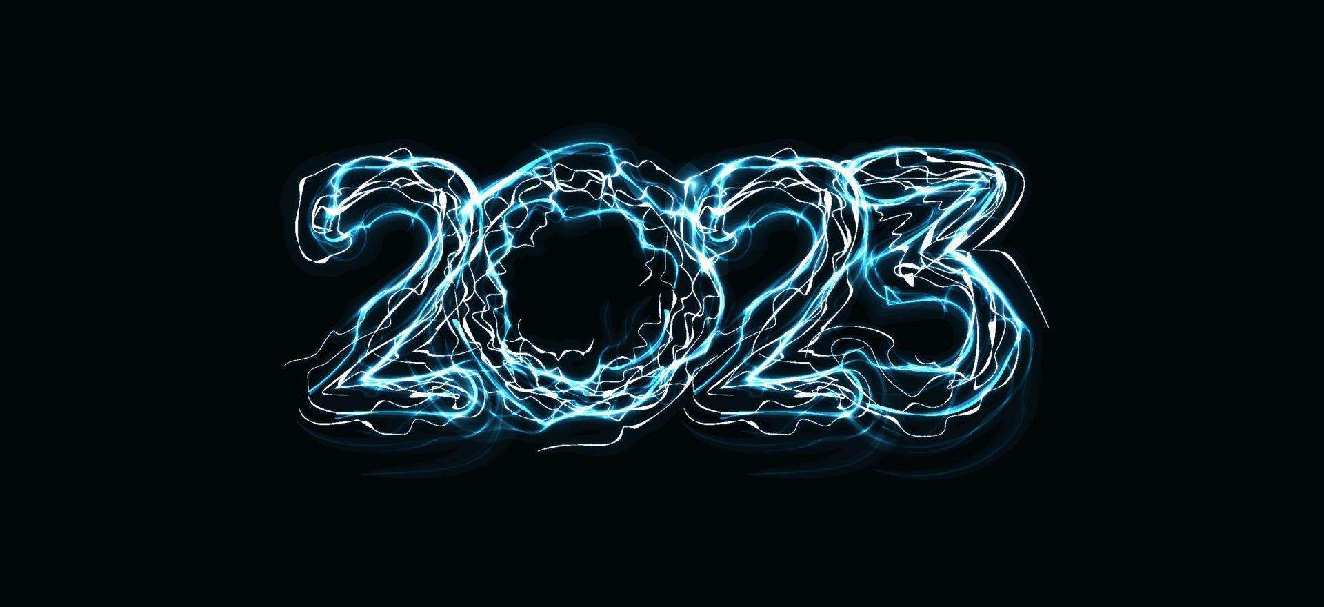 2023 numbers with magic luminous lightning contour. Happy New Year event poster, greeting card cover, 2023 calendar design, invitation to celebrate New Year and Christmas. Vector illustration.