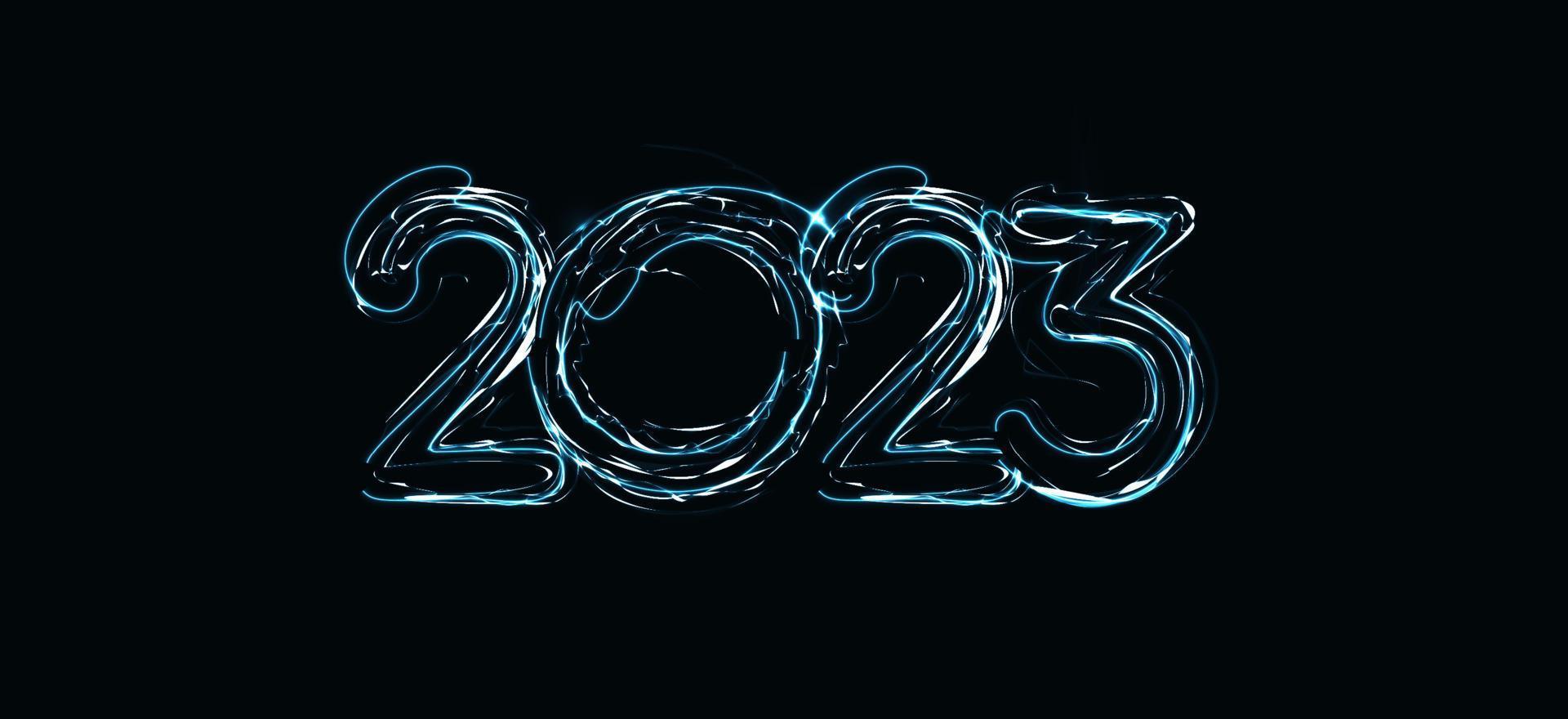 2023 numbers with magic luminous lightning contour. Happy New Year event poster, greeting card cover, 2023 calendar design, invitation to celebrate New Year and Christmas. Vector illustration.