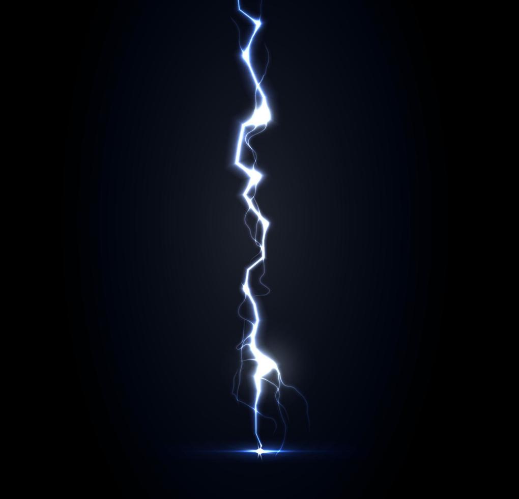 Thunderbolt vector illustration. Blue lightning strike on dark background. Vertical lightning, realistic thunderstorm . Nature, spring rainy weather.
