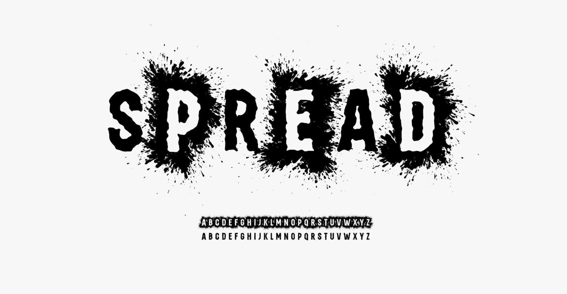 Grunge uneven font with spread splash, high letters with spray effect. Rough alphabet for punk headline, graffiti lettering, urban monogram, street sport logo. Vector typographic design.