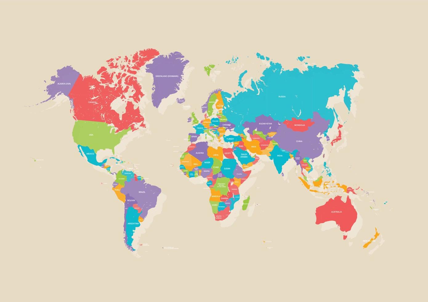 World political earth map in retro color palette, vector illustration