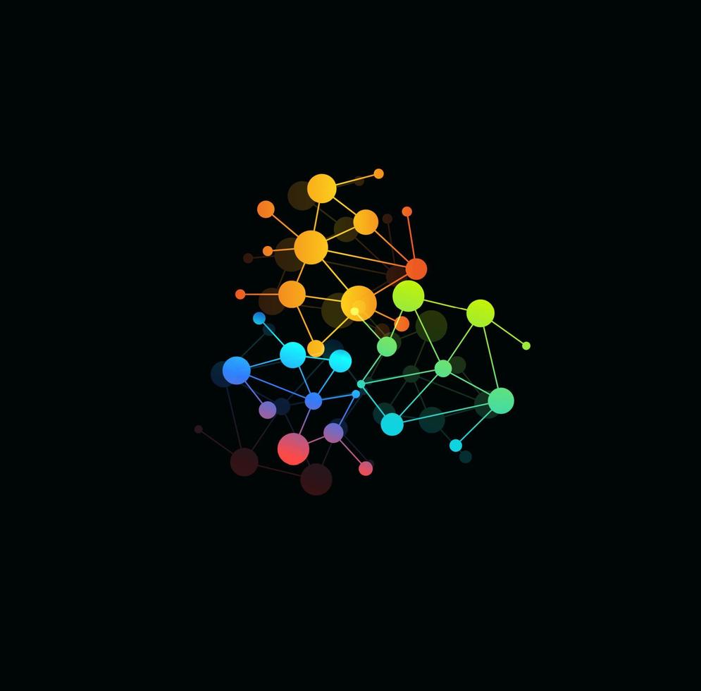 Constellation, interconnected colored dots, cartoon logo concept. Bubbles structure shape, isolated icon. Connected color beats vector illustration for science, technology and medical graphic.