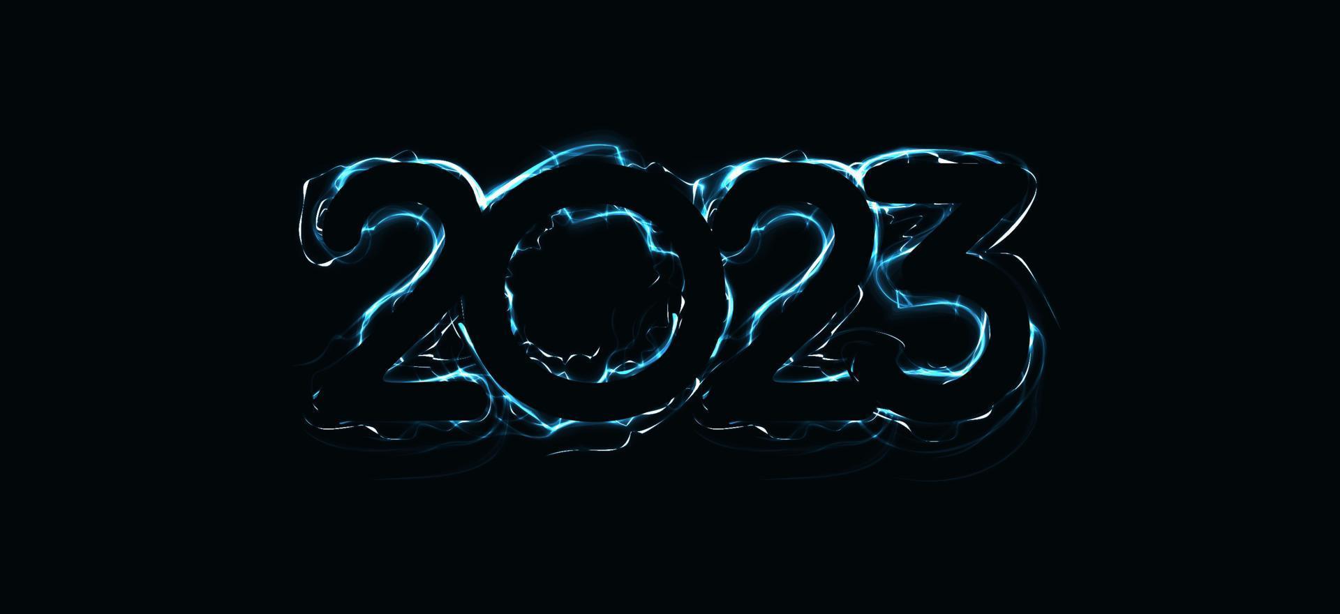 2023 numbers with magic luminous lightning contour. Happy New Year event poster, greeting card cover, 2023 calendar design, invitation to celebrate New Year and Christmas. Vector illustration.