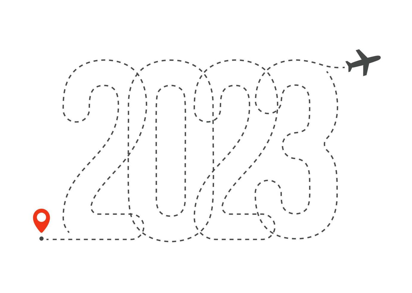 2023 numbers aircraft route for travelers. Event poster, greeting card cover, 2023 calendar design, invitation to celebrate New Year and Christmas. Vector illustration.